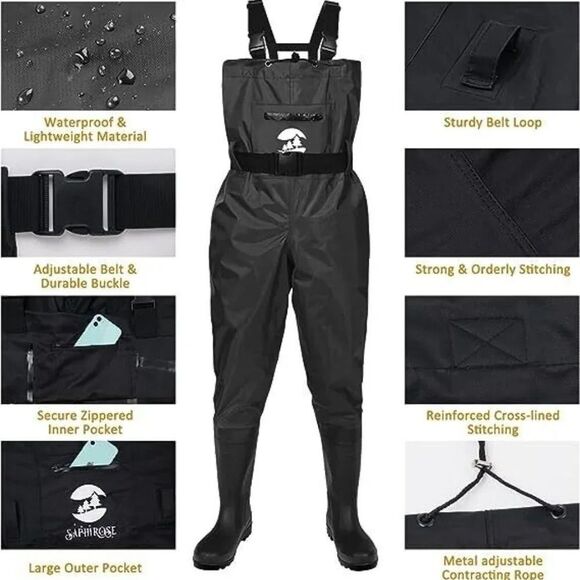 SaphiRose Unisex Black Nylon Waterproof Bootfoot Chest Wader Size M7/W9 SU253 - Picture 4 of 6